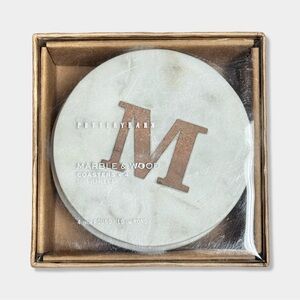 Pottery Barn M Monogram Initial Letter Marble & Wood Inlay Coaster Gift Set of 4